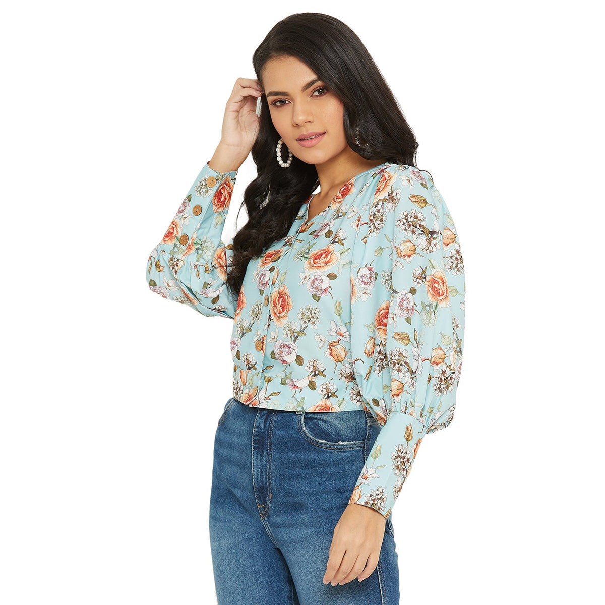 Ice Blue Floral Printed Top With Puff Sleeve