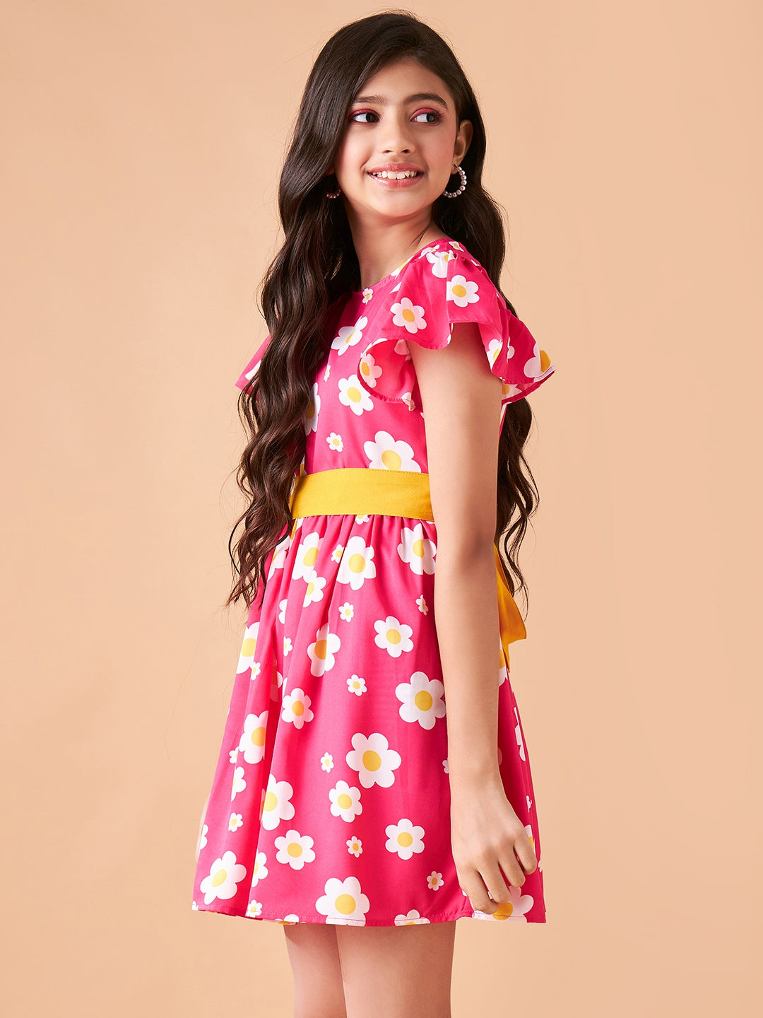 Girls Floral Printed Flutter Sleeve Fit & Flare Dress