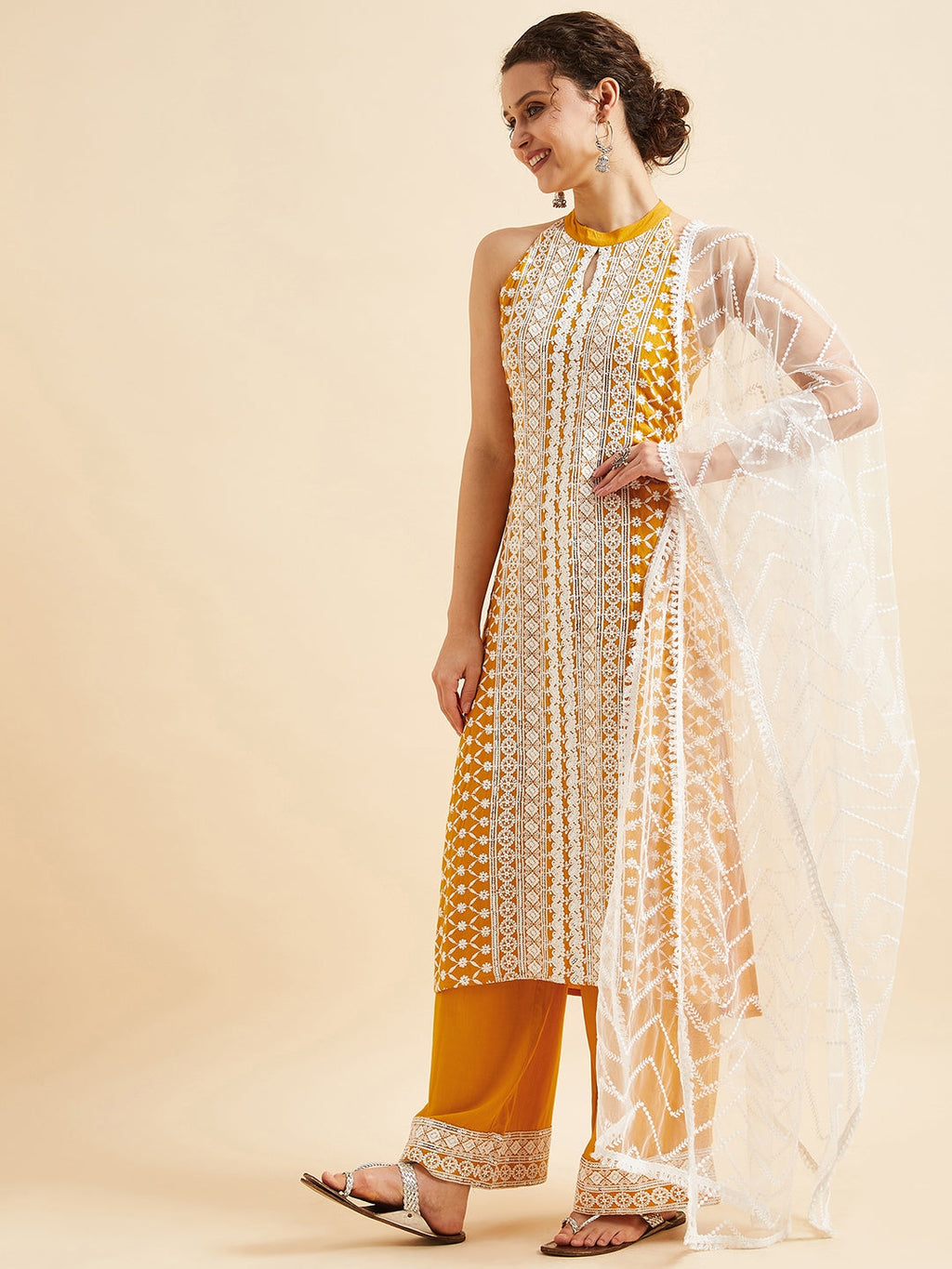 Yellow Ethnic Motifs Embroidered Thread Work Regular Kurta with Palazzos & Dupatta