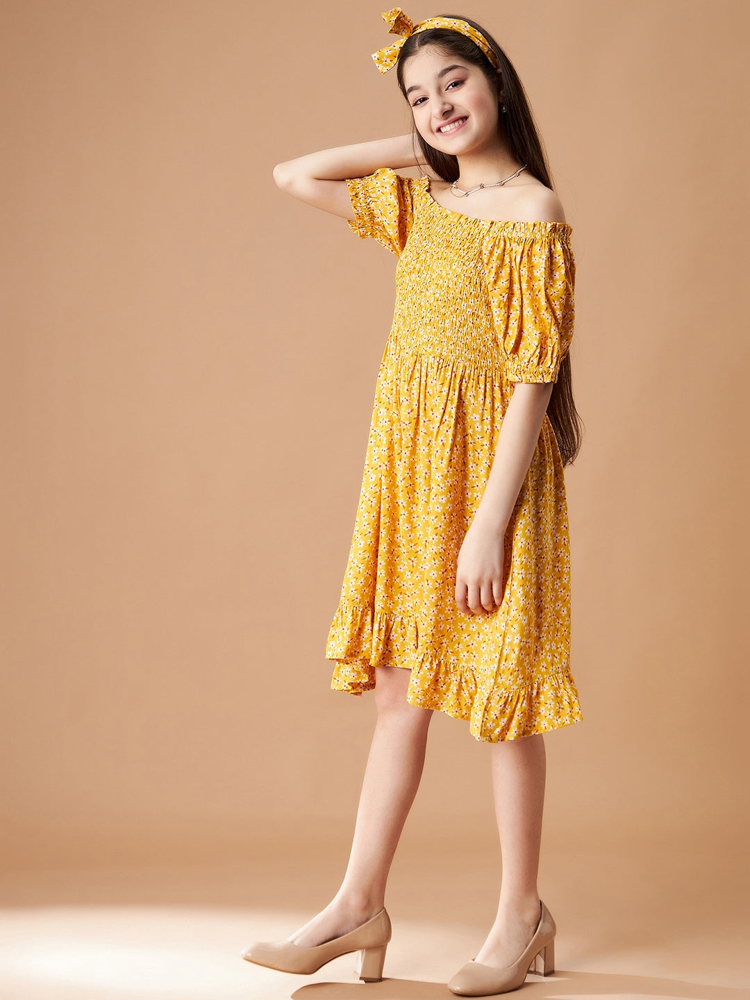 Girls Floral Print Off-Shoulder Puff Sleeve Fit  Flare Dress
