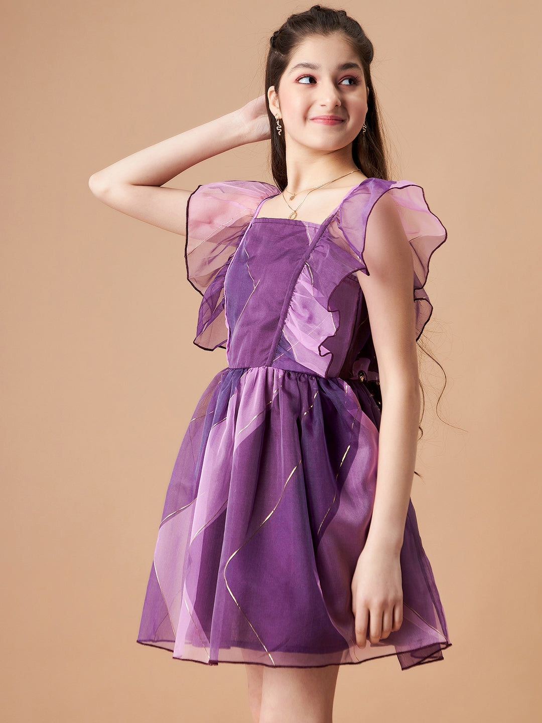 Girls Striped Flutter Sleeves Ruffled Organza Fit & Flare Dress
