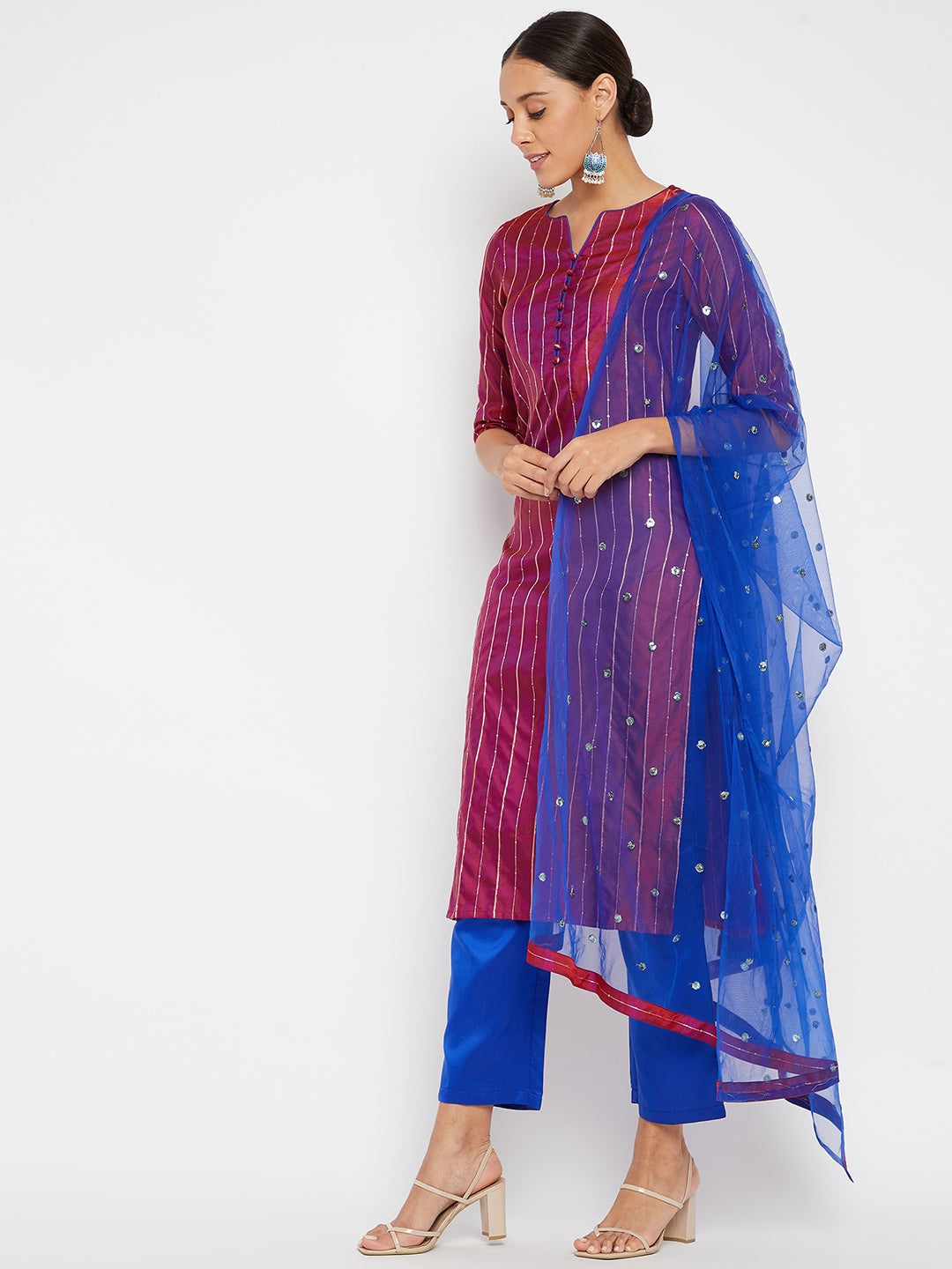 Women Purple Blue Sequin Straight Kurta Set with Dupatta