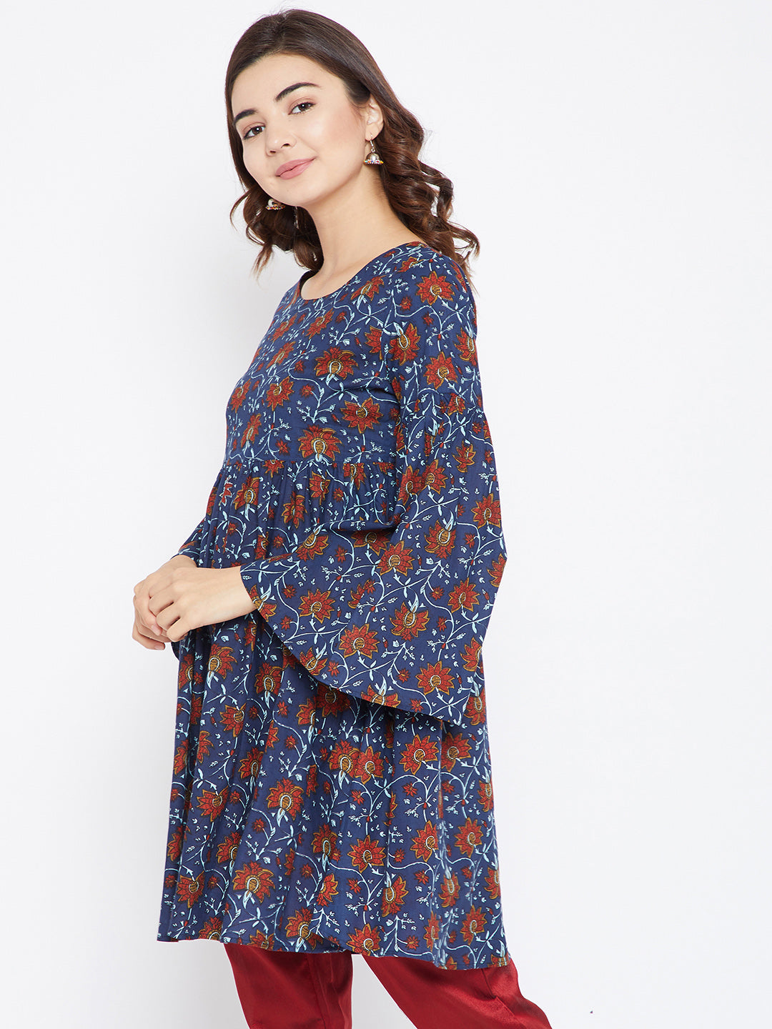 Women Navy Blue and Maroon Printed Kurtis