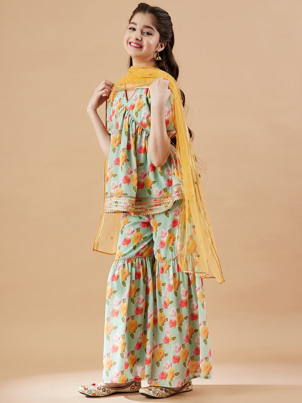 Girls Floral Printed Empire Gotta Patti Kurti with Sharara & With Dupatta