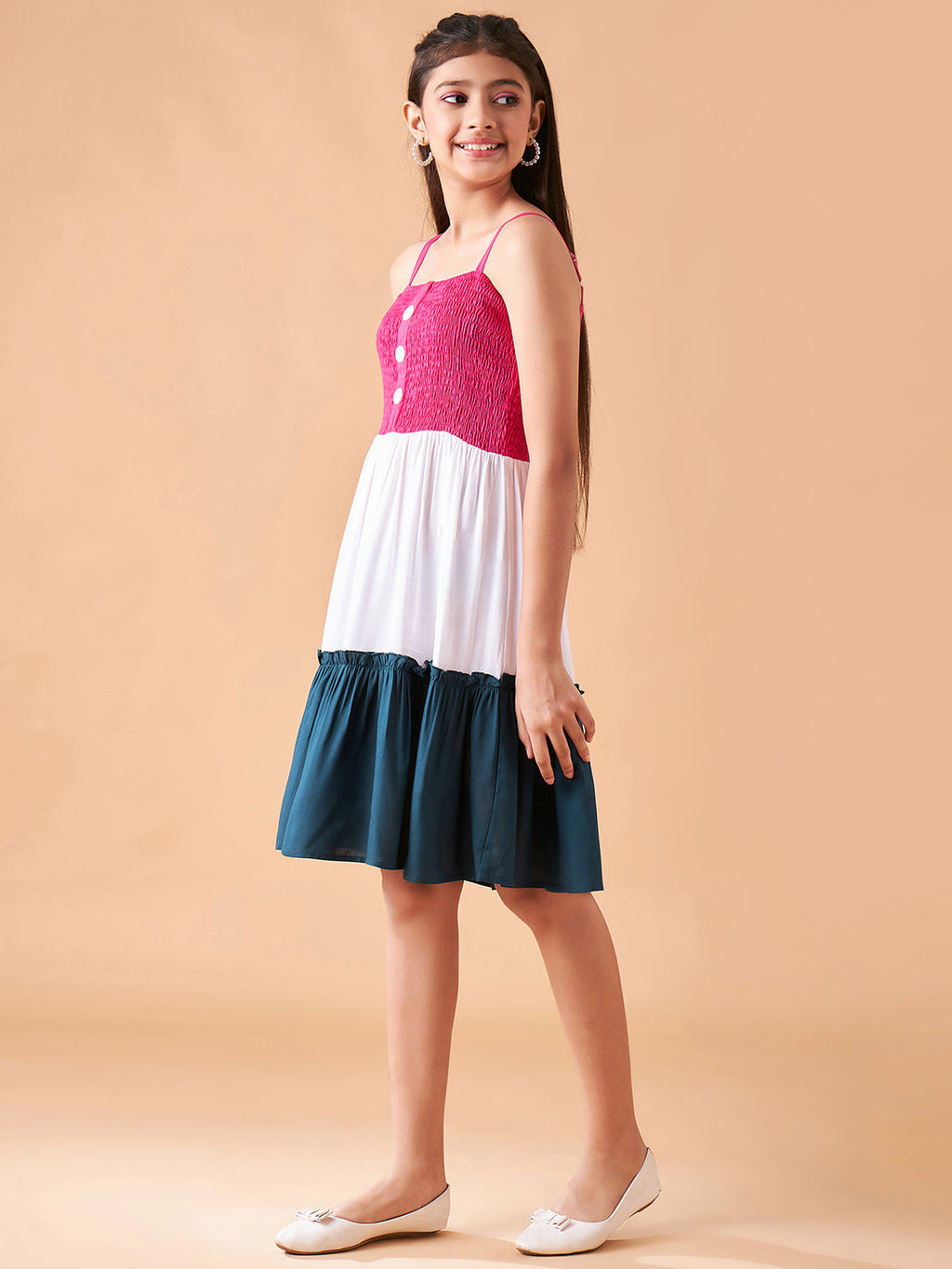 Girls Colourblocked Smocked Detailed Fit & Flare Dress