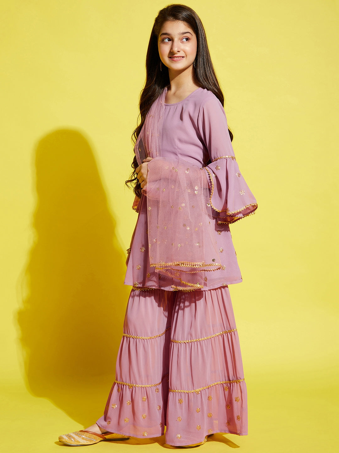 Girls Pink Ethnic Motifs Embroidered Empire Kurta with Sharara & Dupatta