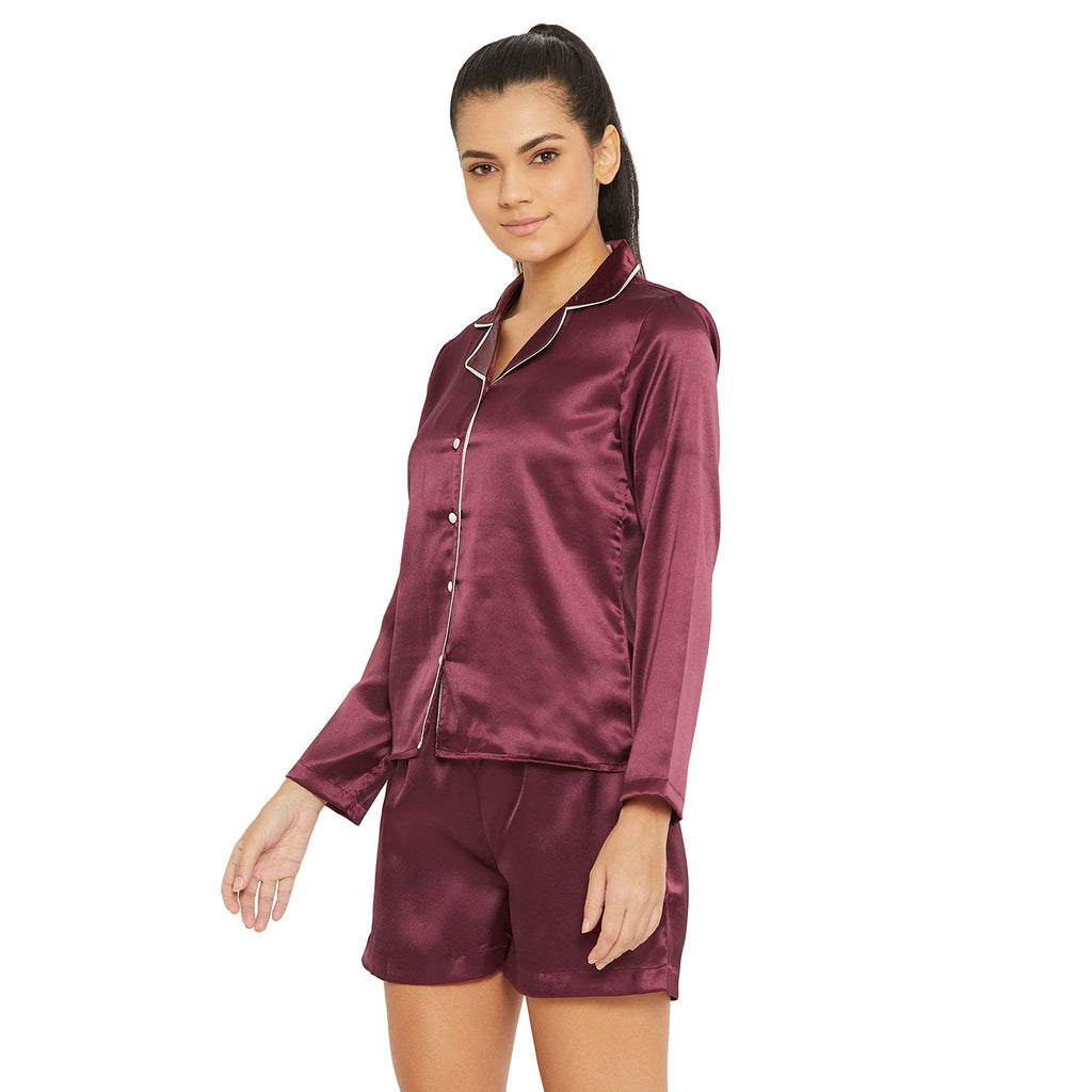 Women Wine Satin Finish Solid Night Suit
