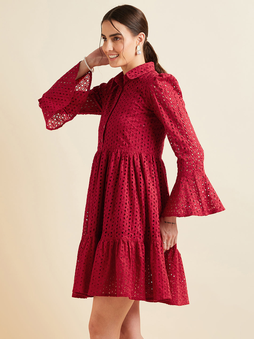 Women Maroon Shirt Collar Bell Sleeve Ruffled Schiffli Cotton A-line Dress