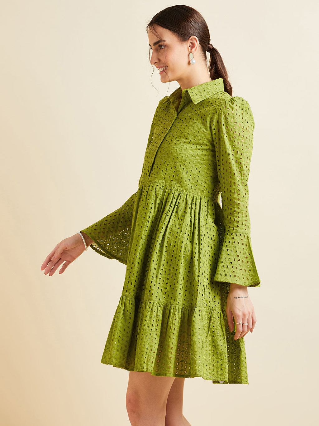 Women Green Shirt Collar Bell Sleeve Ruffled Schiffli Cotton A-line Dress