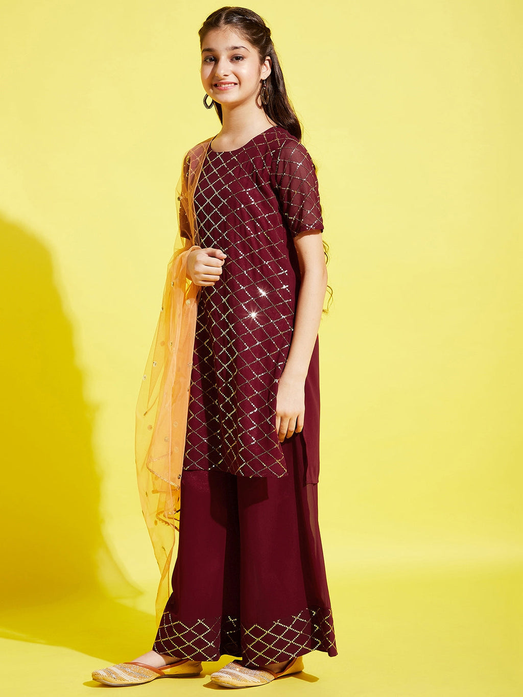 Girls Burgundy Embroidered Straight Kurta with Palazzos & With Dupatta