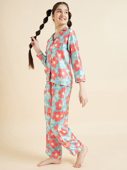 Girls Floral Printed Long Sleeves Satin Night suit