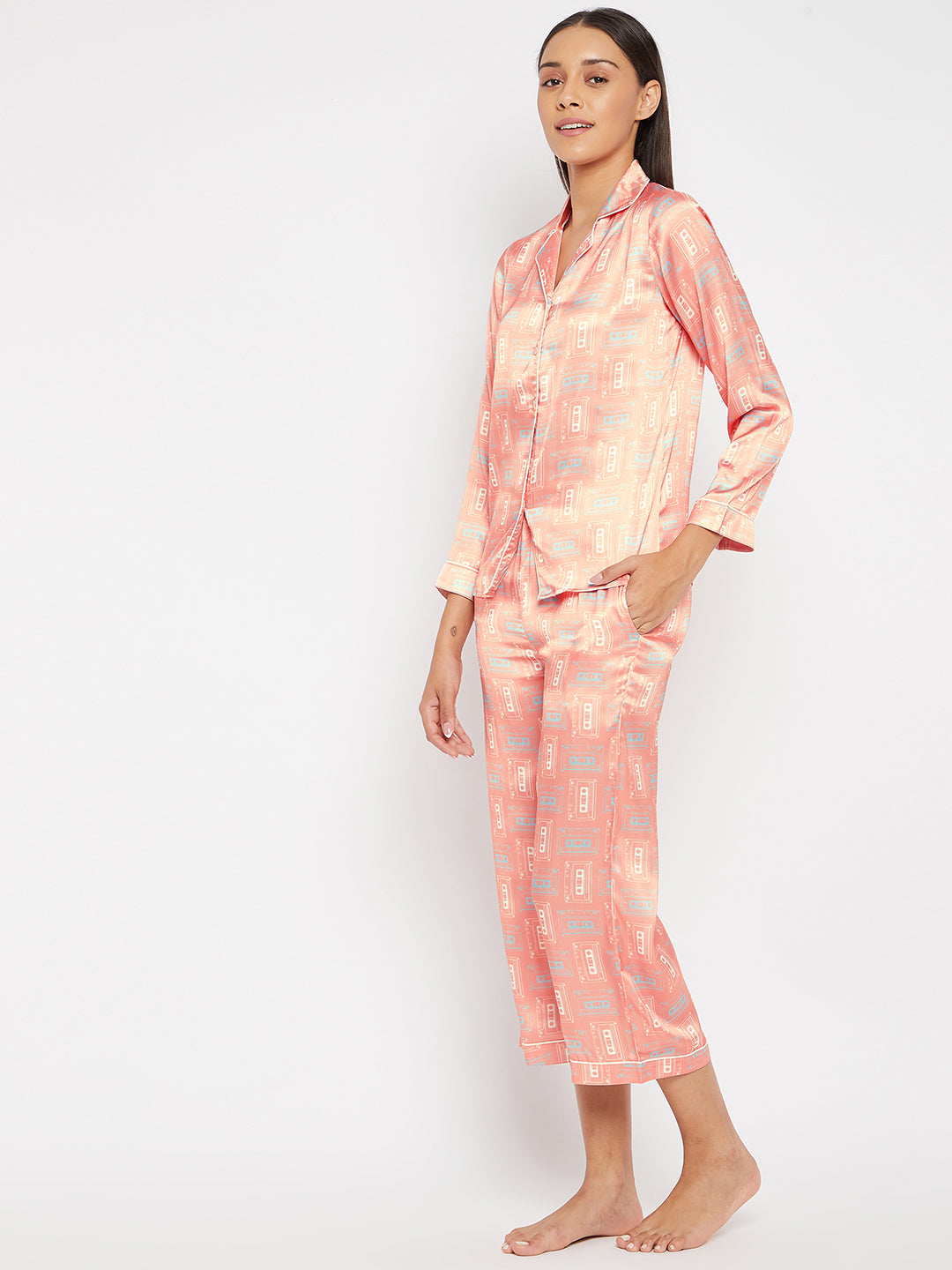Women Pink & Beige Printed Night suit