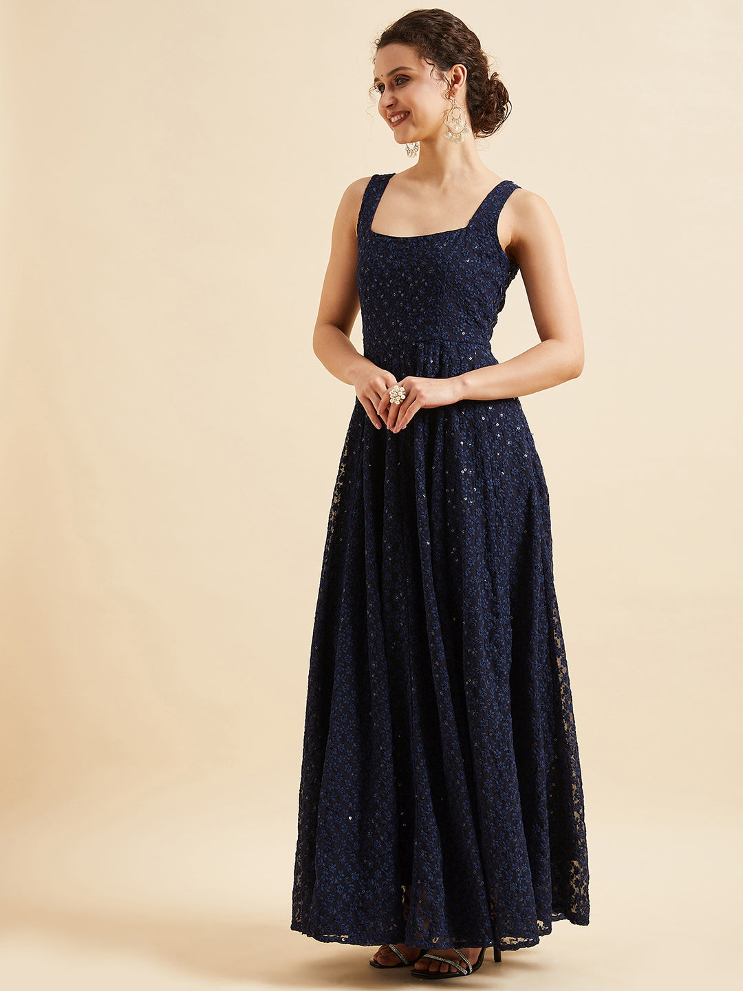 Embroidered Georgette Fit & Flare Maxi Dress - Naby Blue