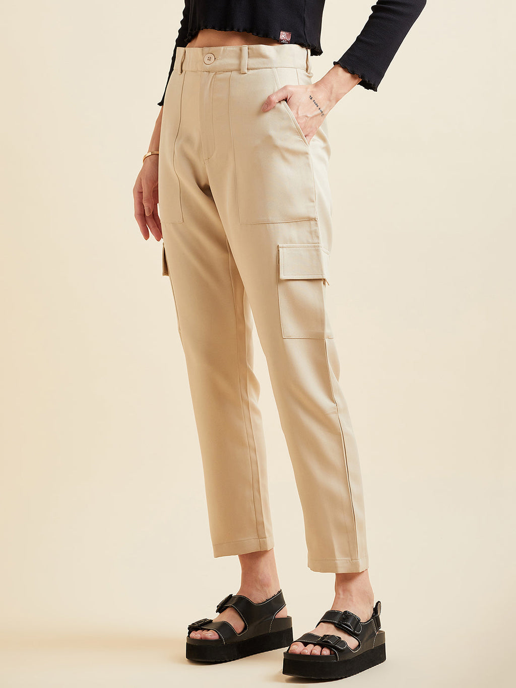 Beige Smart Slim Fit Wrinkle Free Cargo Trousers
