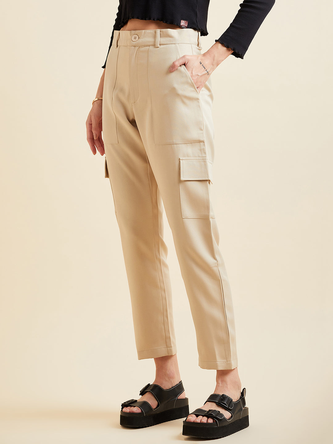 Beige Smart Slim Fit Wrinkle Free Cargo Trousers