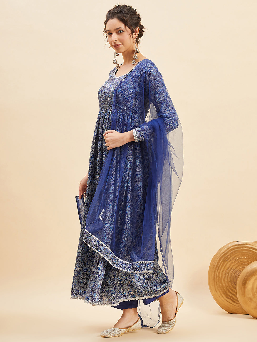 Geometric Printed Empire Anarkali Kurta With Trousers & Dupatta