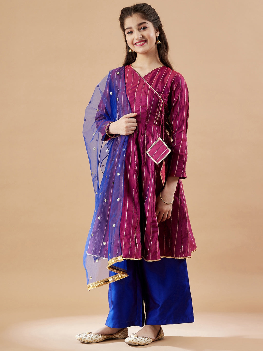 Girls Striped Angrakha Sequinned Kurta with Palazzos & With Dupatta