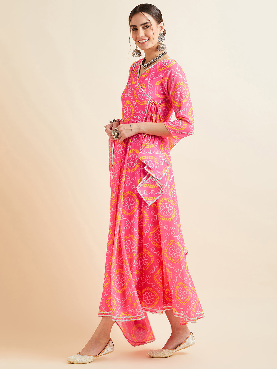Pink Printed Georgette Angrakha Ethnic Dress With Dupatta