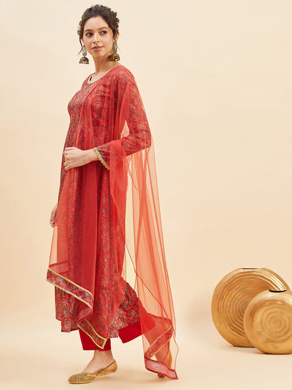 Floral Printed Empire Anarkali Kurta With Trousers & Dupatta