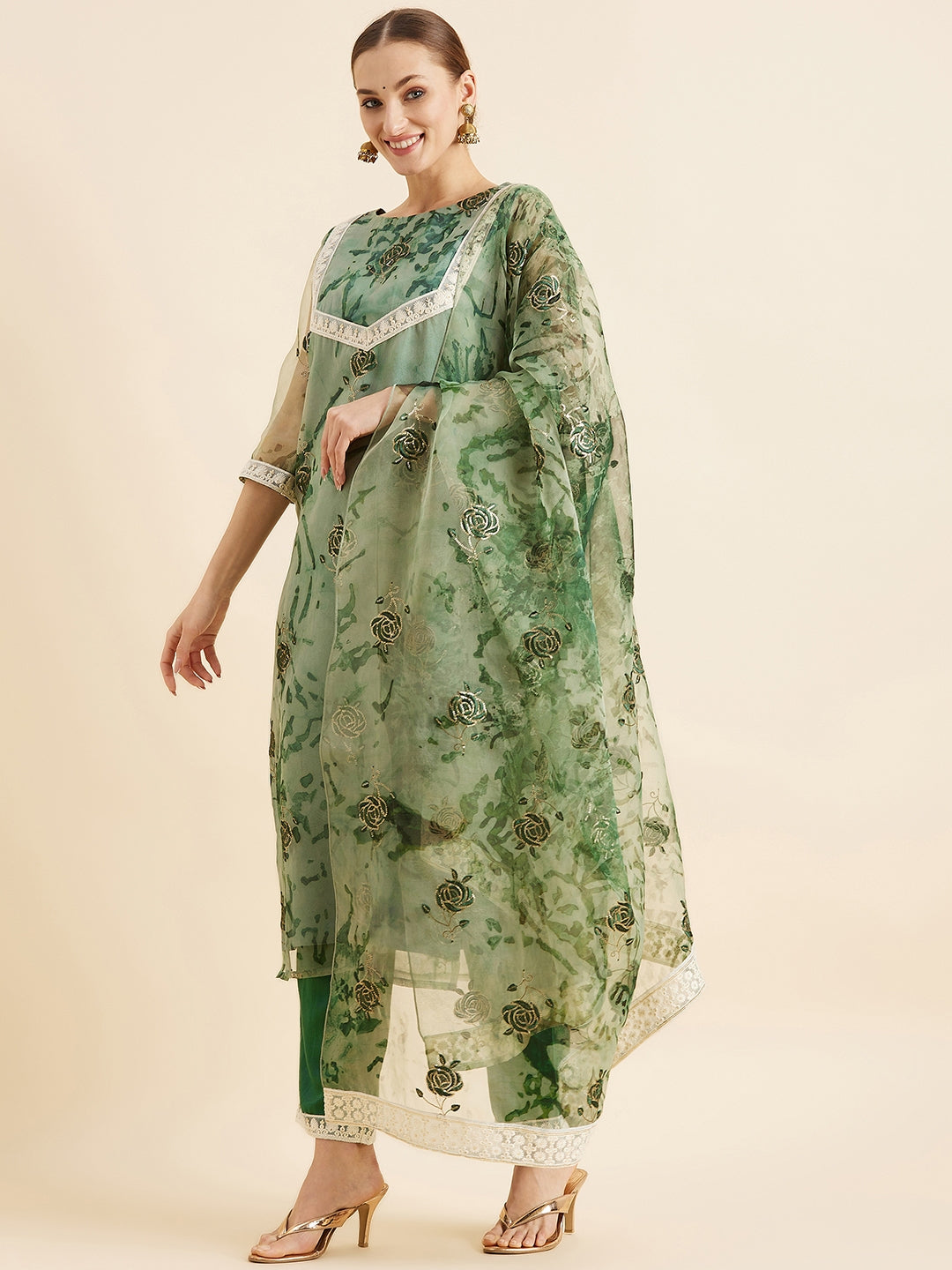 Floral Embroidered Kurta With Trousers & Dupatta