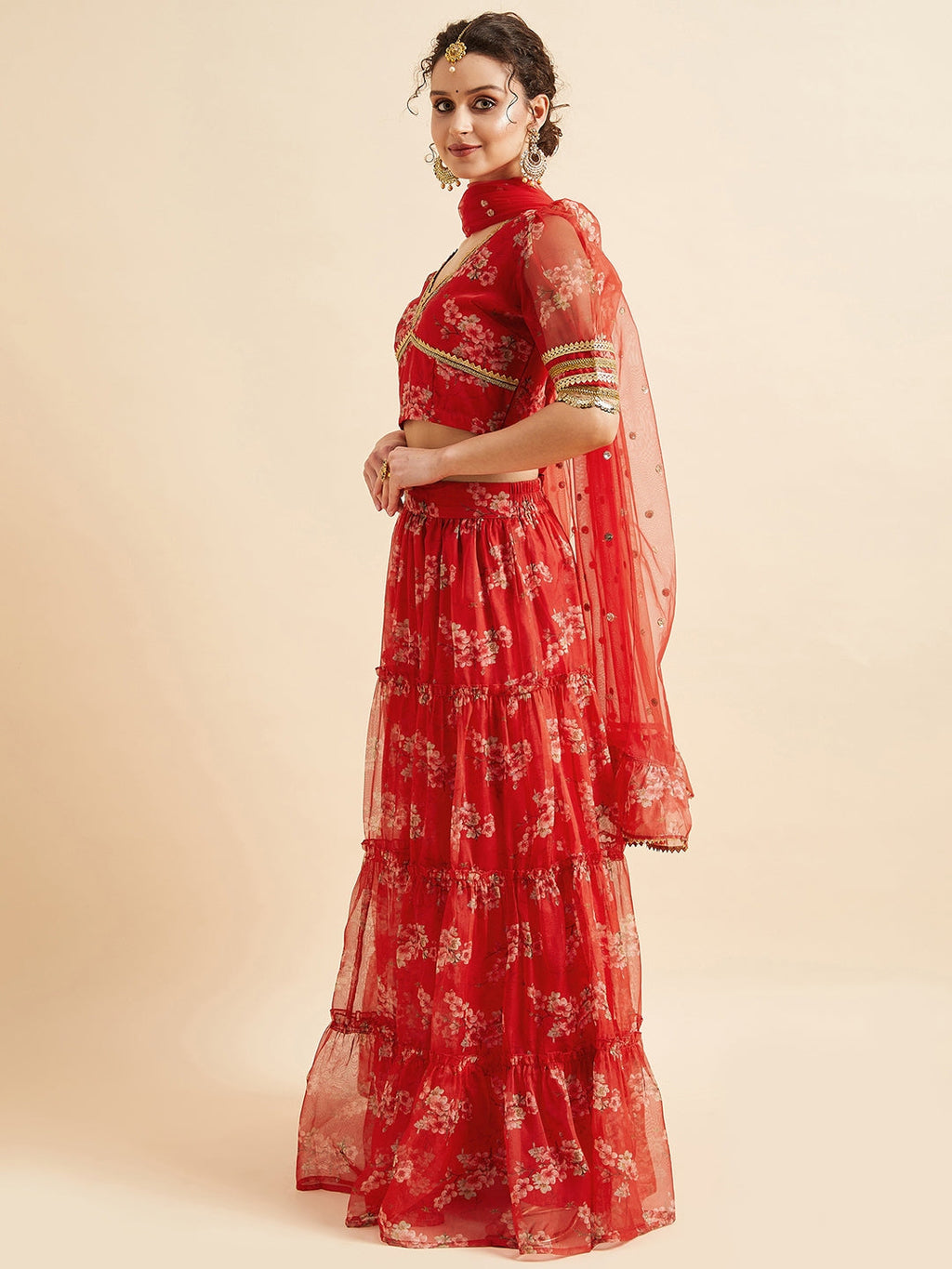 Red Floral Printed Ready to Wear Lehenga & Blouse With Dupatta