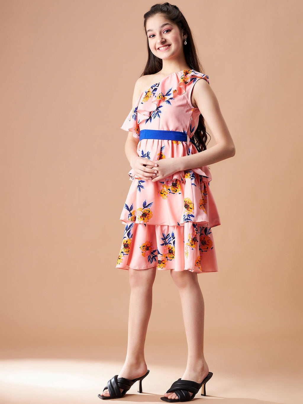 Girls Floral Printed One Shoulder Layered Fit & Flare Dress