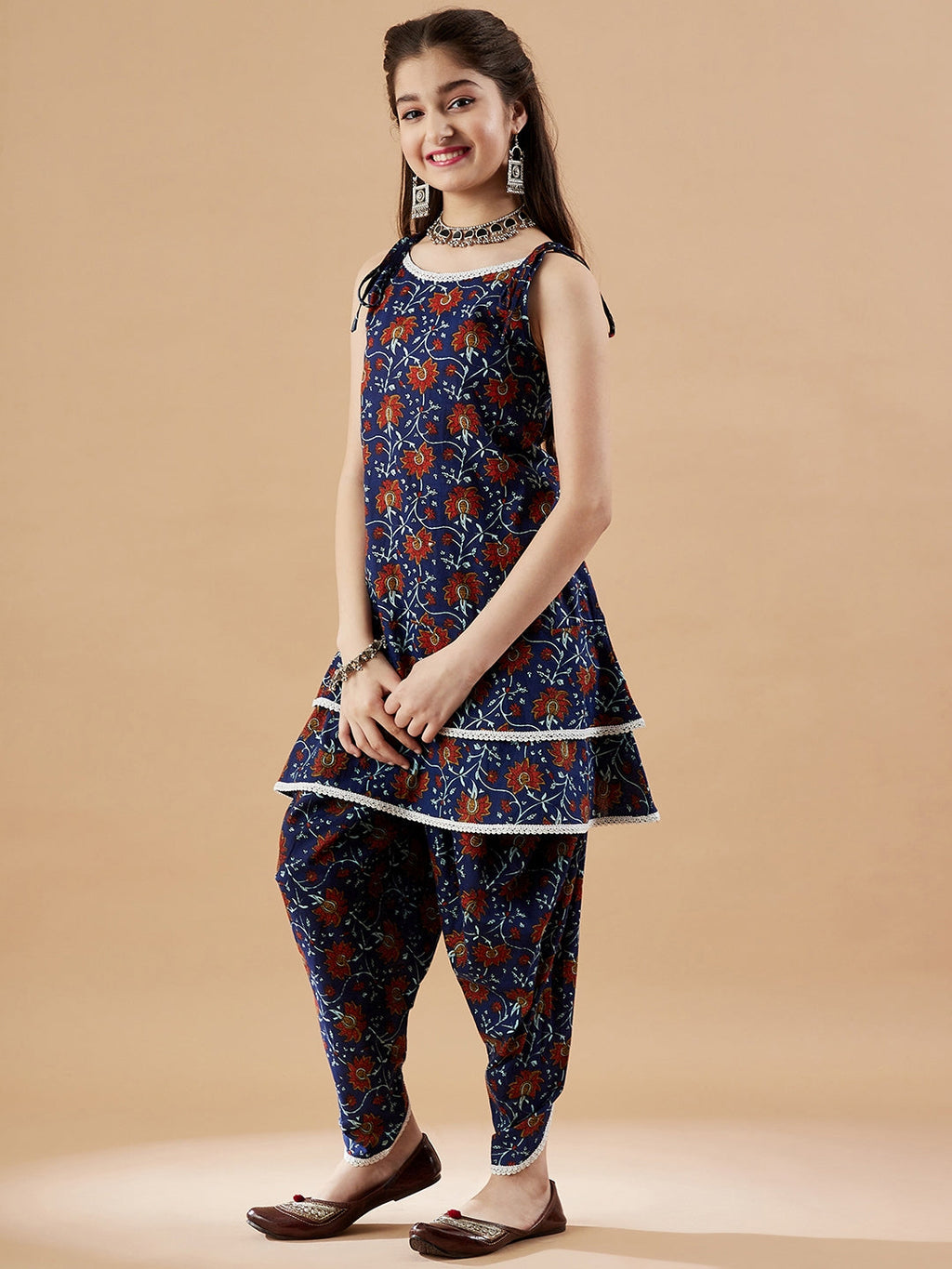 Girls Floral Printed Kurti with Dhoti Pants