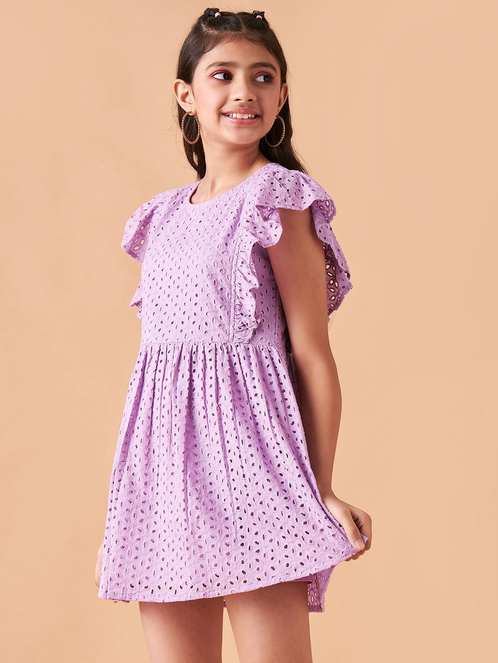 Girls Lavender Flutter Sleeve Fit  Flare Short Dress