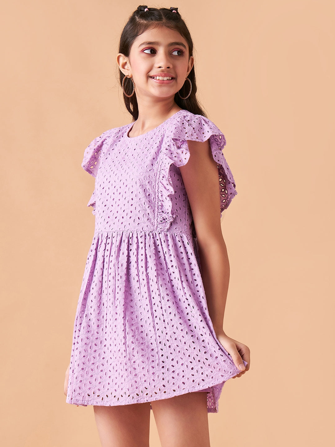 Girls Lavender Flutter Sleeve Fit  Flare Short Dress