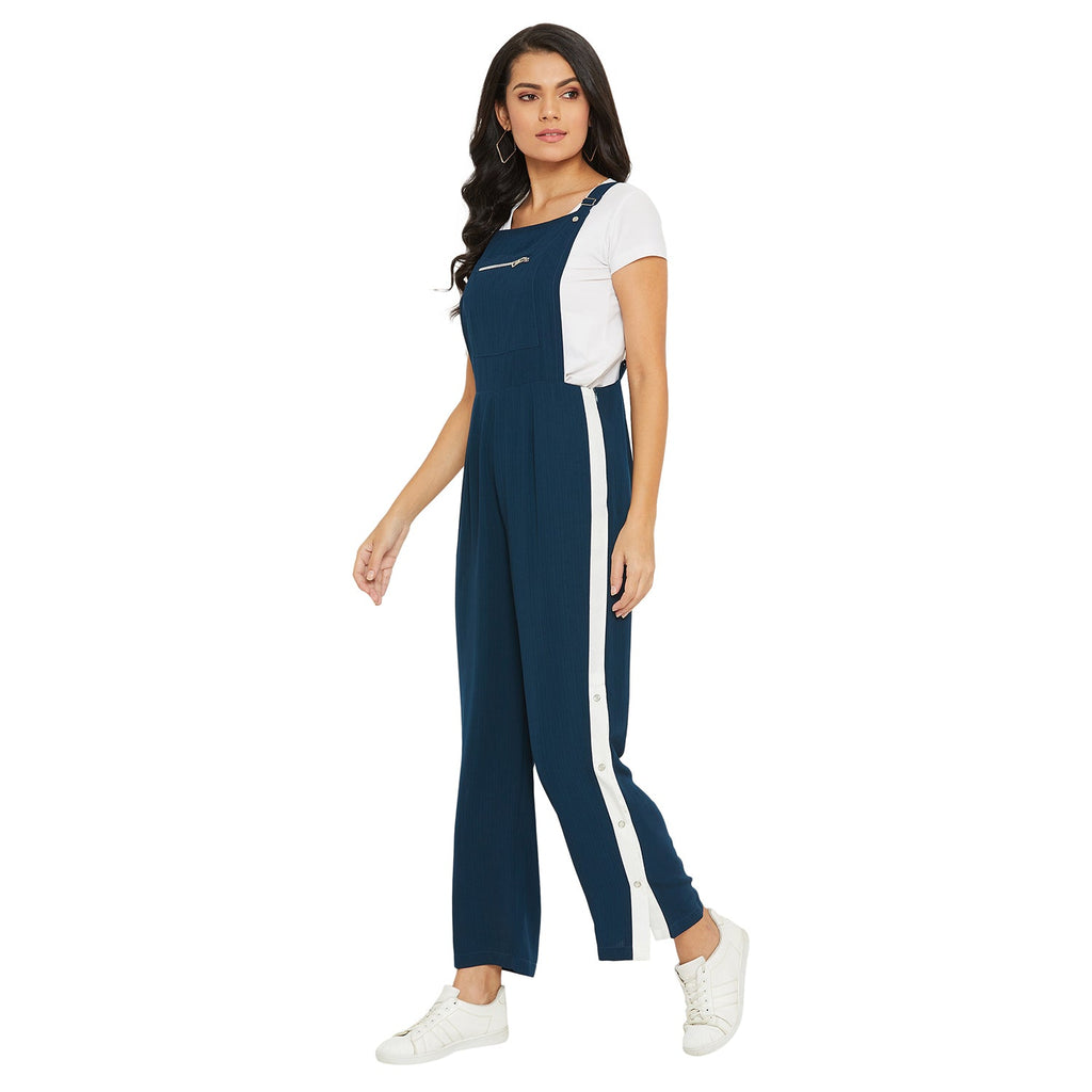 Teal solid dungarees with side stripes detail