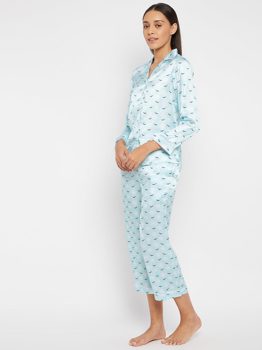 Women Blue & White Printed Night suit