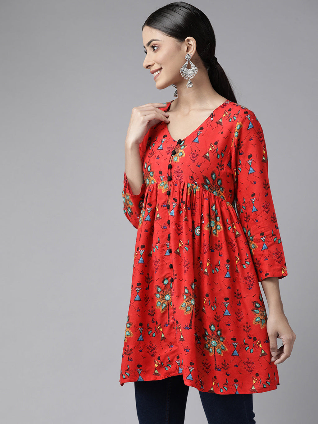 PANIT Women Red  Black Tribal Printed V-Neck Pleated Kurti