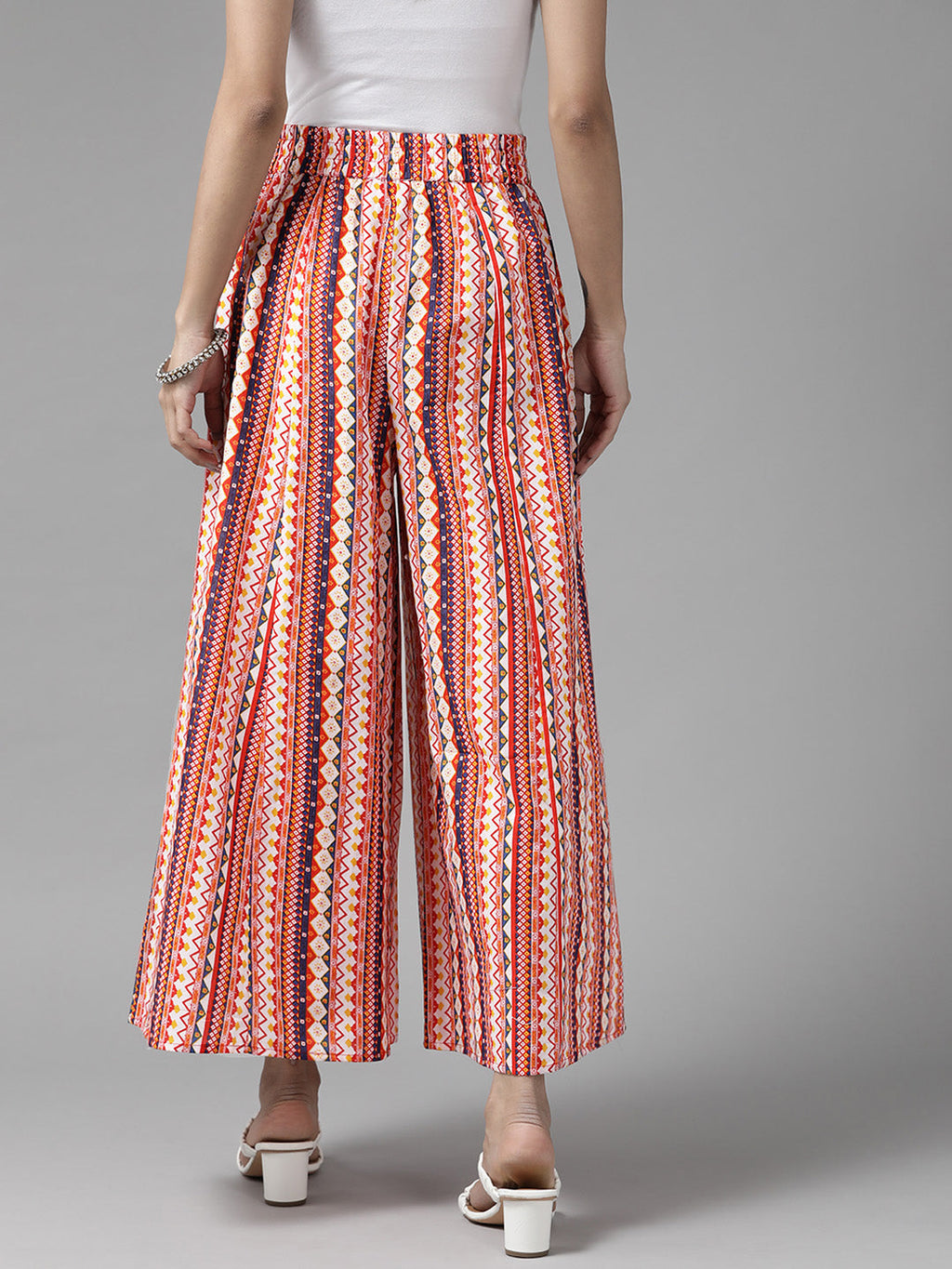 Women Off White & Orange Printed Cotton Palazzos