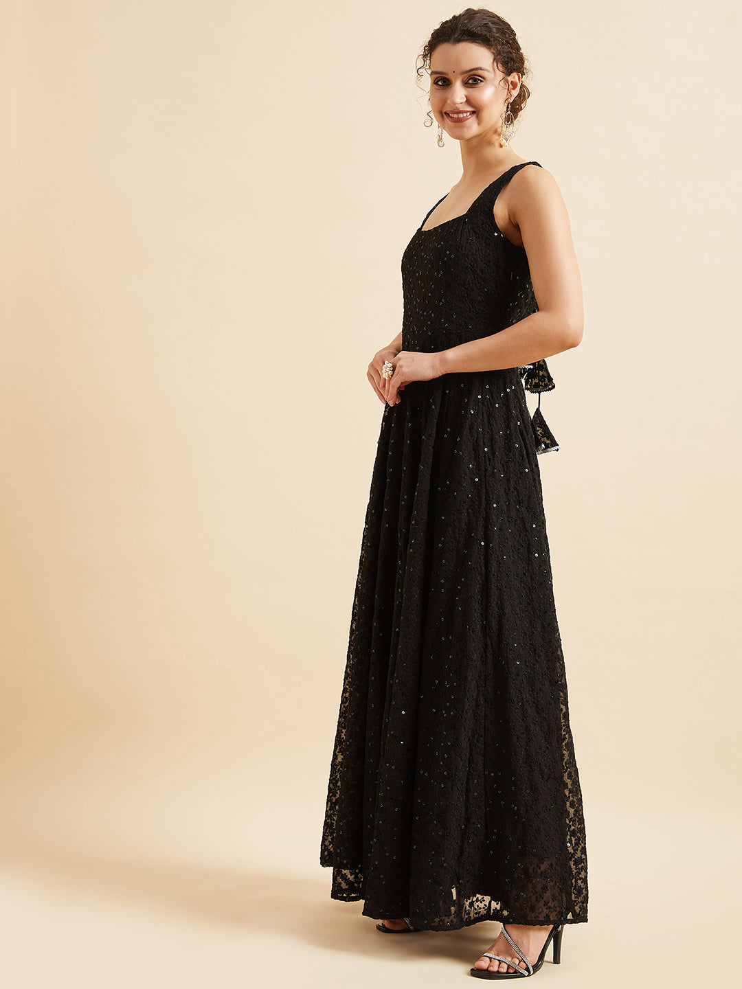 Embroidered Georgette Fit & Flare Maxi Dress - Black