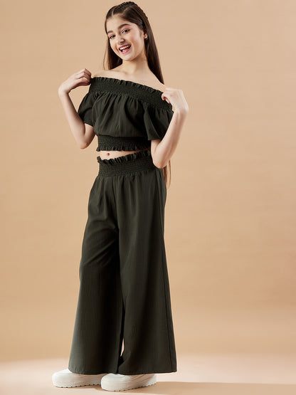 Girls Off-Shoulder Olive Top with Trousers