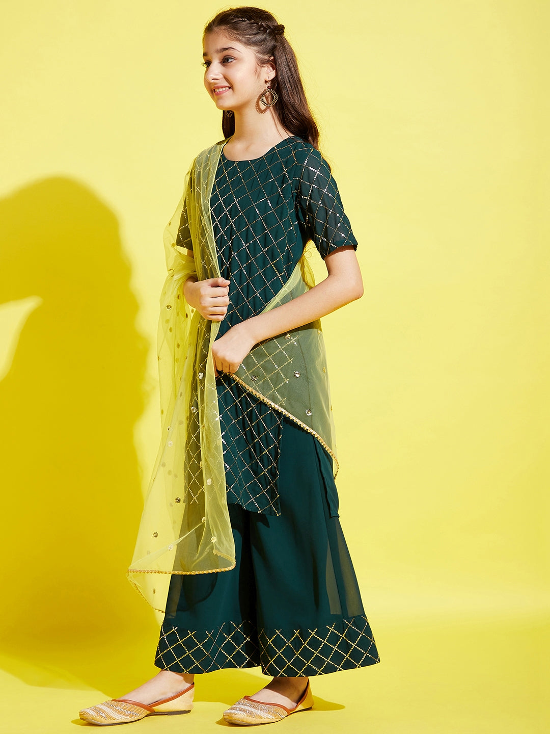 Girls Green Embroidered Straight Kurta with Palazzo & With Dupatta