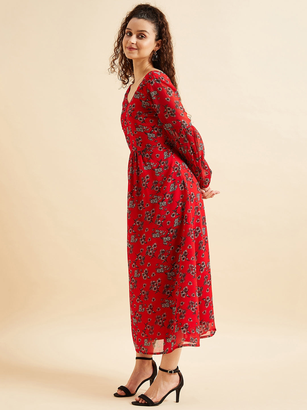Floral Printed Puff Sleeve Georgette Maxi Dress
