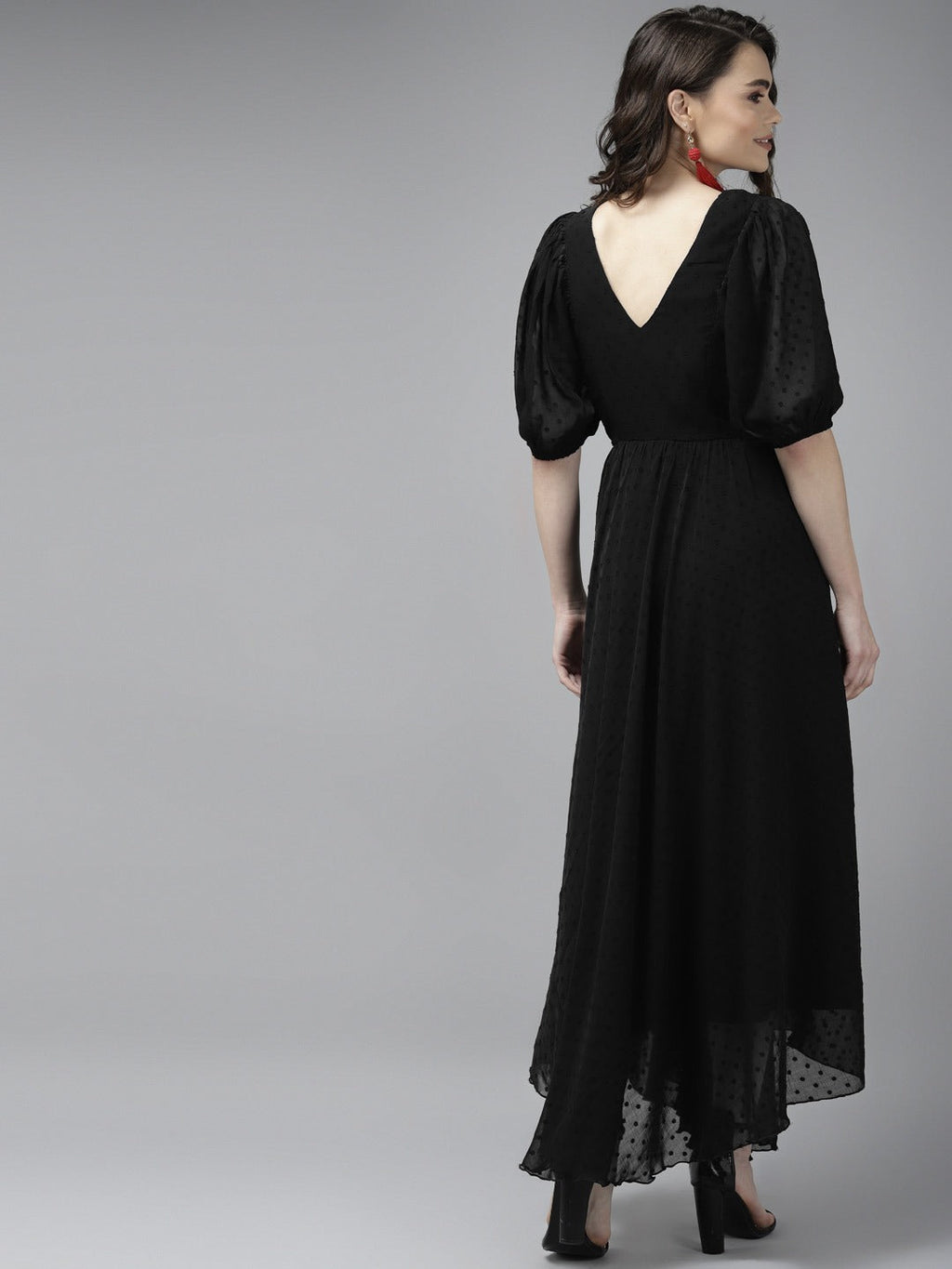 PANIT Black Solid Georgette Dobby Maxi Fit  Flare Dress