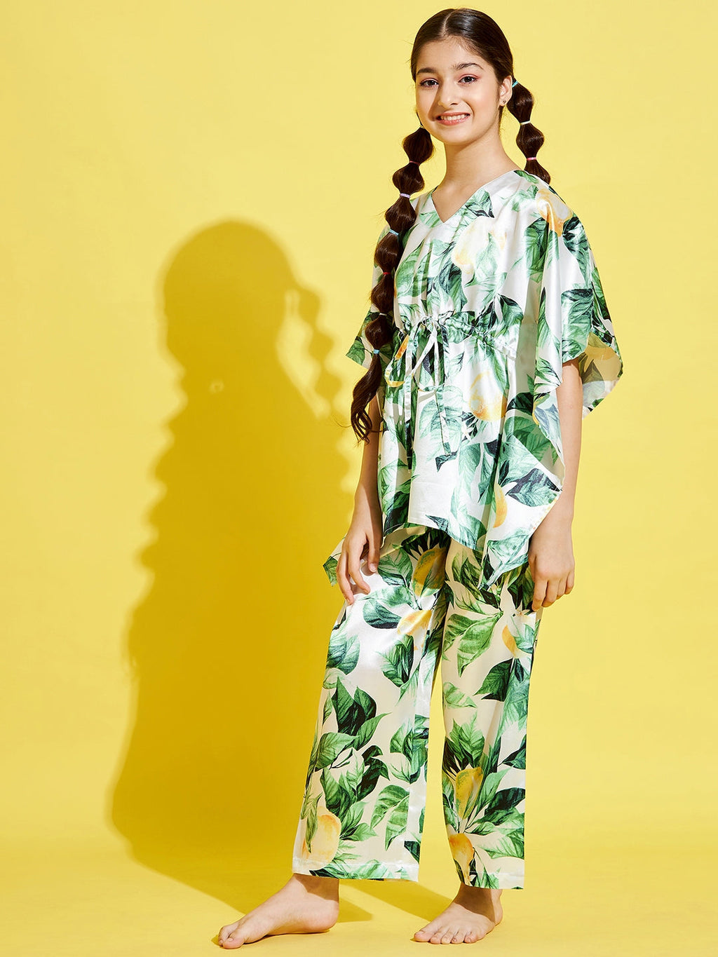 Cherry Jerry Girls Cream-Coloured Green Printed Kaftan Night suit