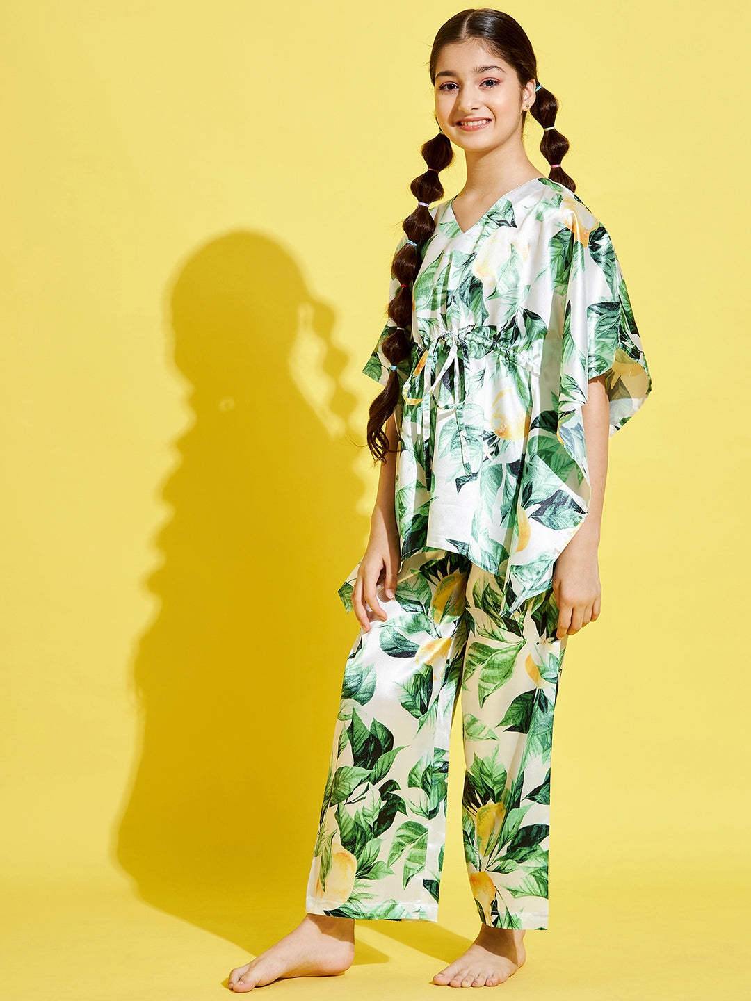 Cherry Jerry Girls Cream-Coloured Green Printed Kaftan Night suit