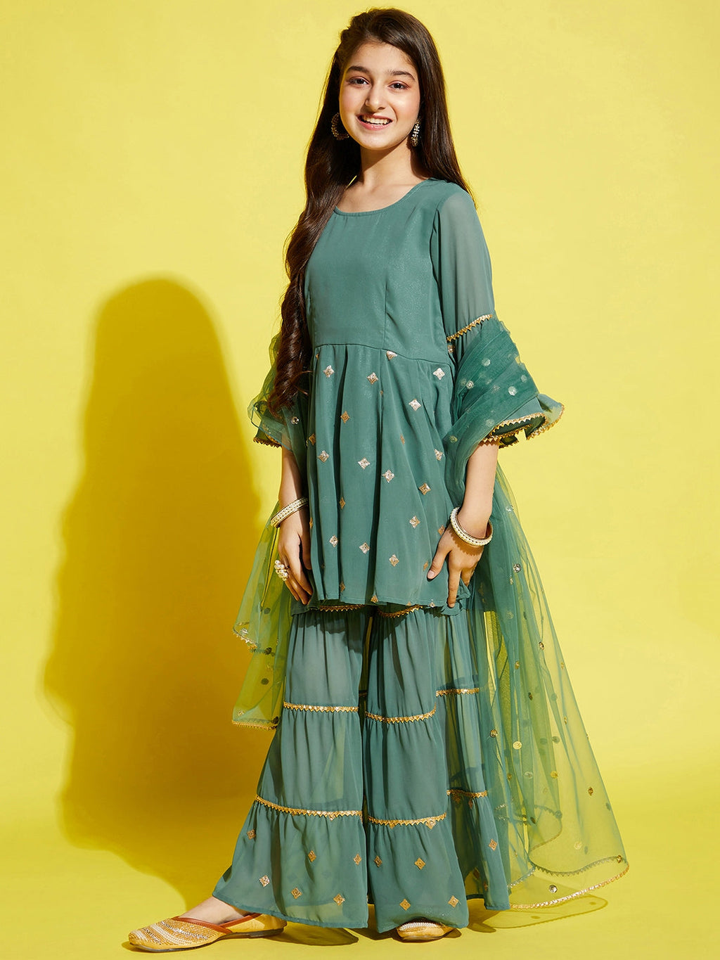 Girls Green Ethnic Motifs Embroidered Empire Kurta with Sharara & Dupatta