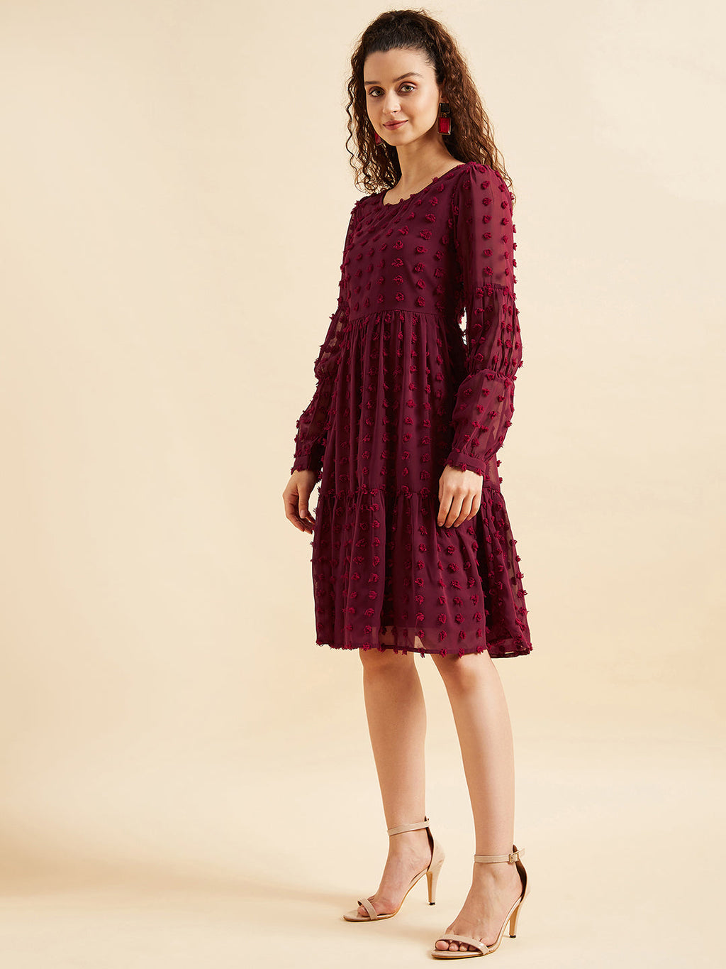 Women Self Design Puff Sleeves Georgette Dress