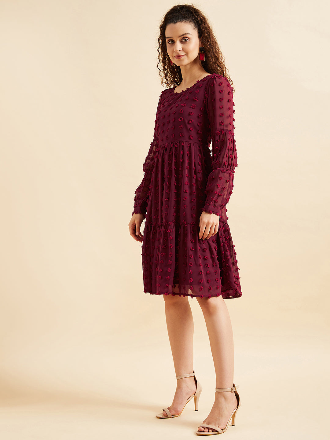 Women Self Design Puff Sleeves Georgette Dress