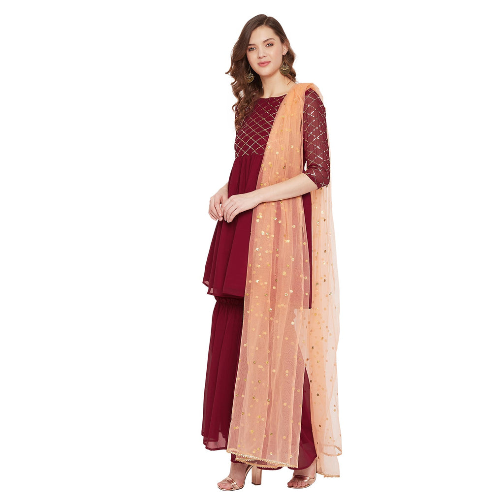 Maronn yoke and sleeve jaal embroidered sharara set with peach dupatta