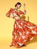 Orange & Grey Floral Print Ready to Wear Lehenga & Choli