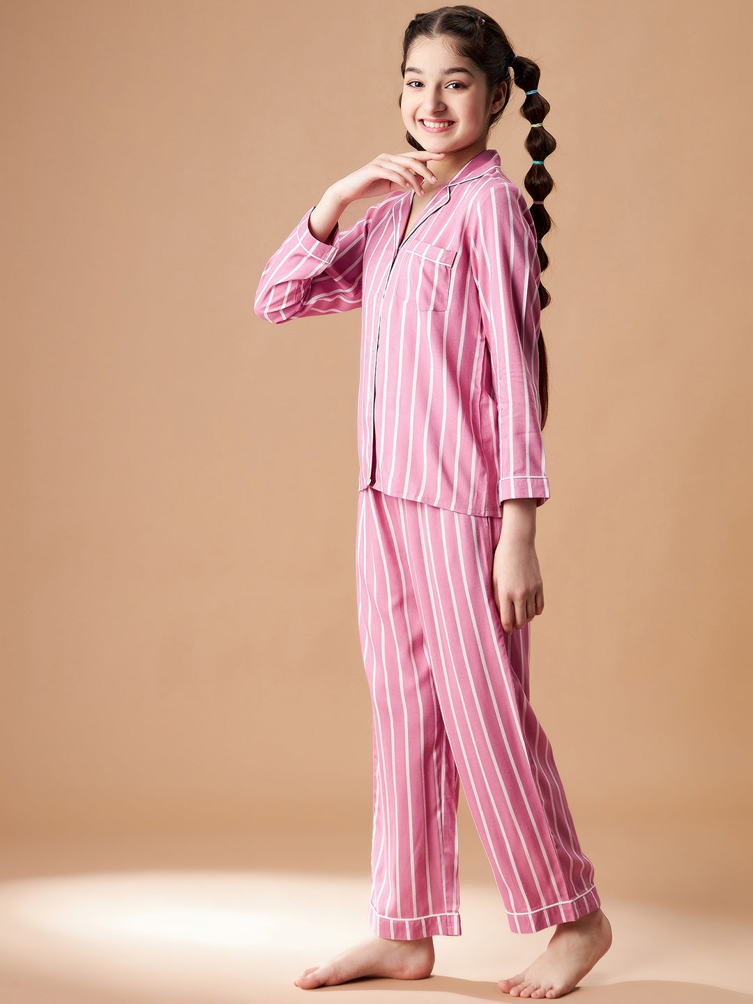 Girls Pink Striped Cotton Night Suit Set