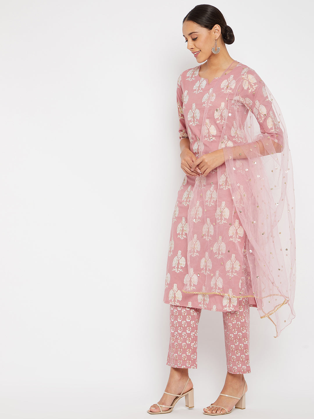 Women Pink Motif straight Kurta with Trouser and Dupatta