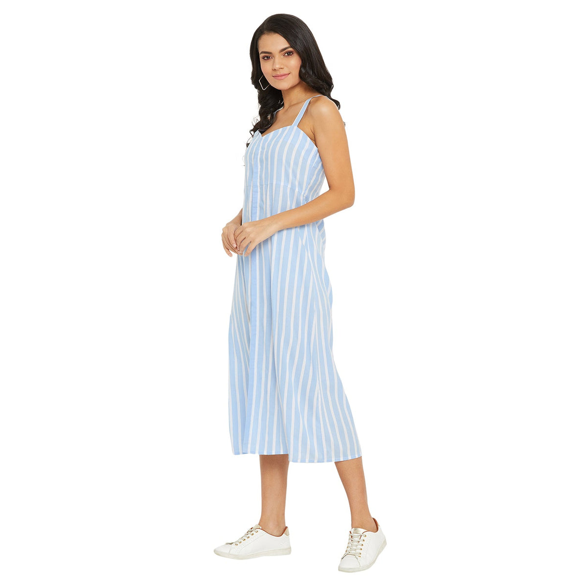 Women Blue and White Stripe Fit and Flare Midi Dress