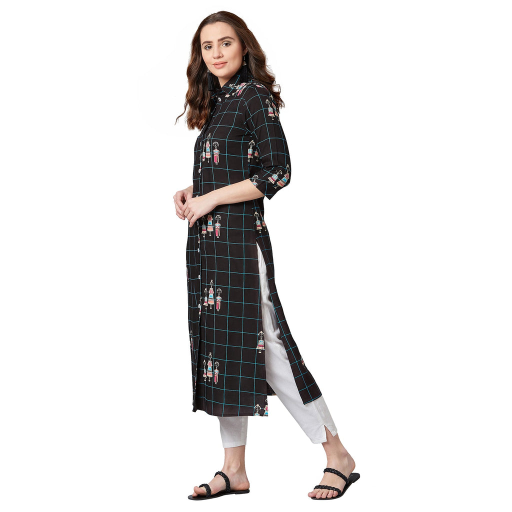 Women Black & Blue Tribal Print Straight Kurta