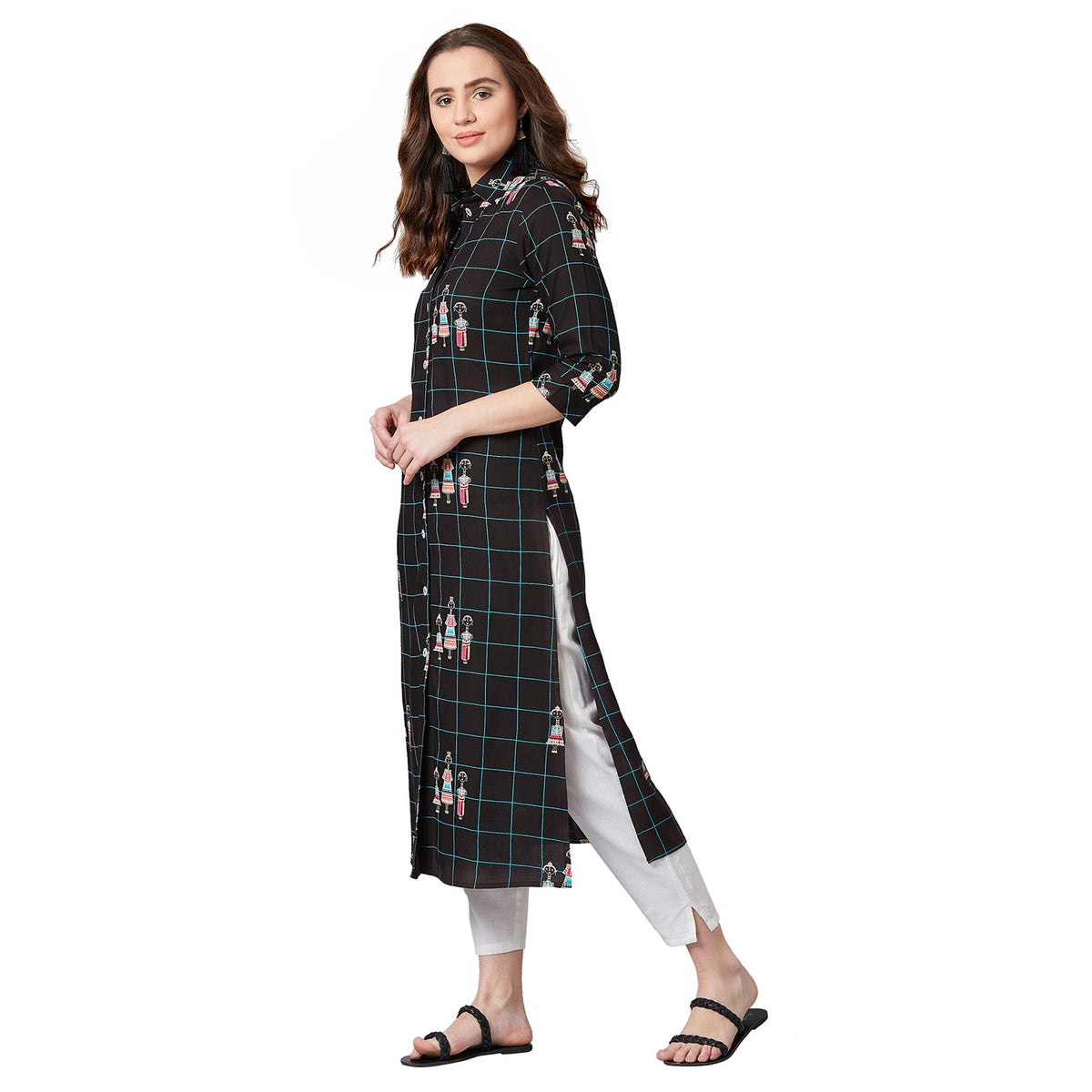 Women Black & Blue Tribal Print Straight Kurta